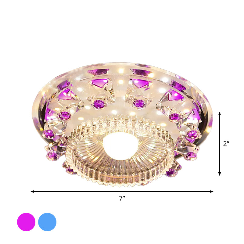 Minimalist Led Ceiling Light In Blue/Purple With Crystal Cubic Flush Mount & Clear Ribbed Glass