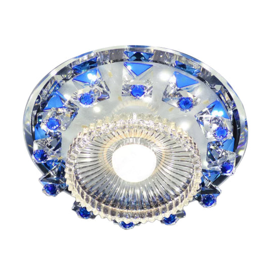 Minimalist Led Ceiling Light In Blue/Purple With Crystal Cubic Flush Mount & Clear Ribbed Glass