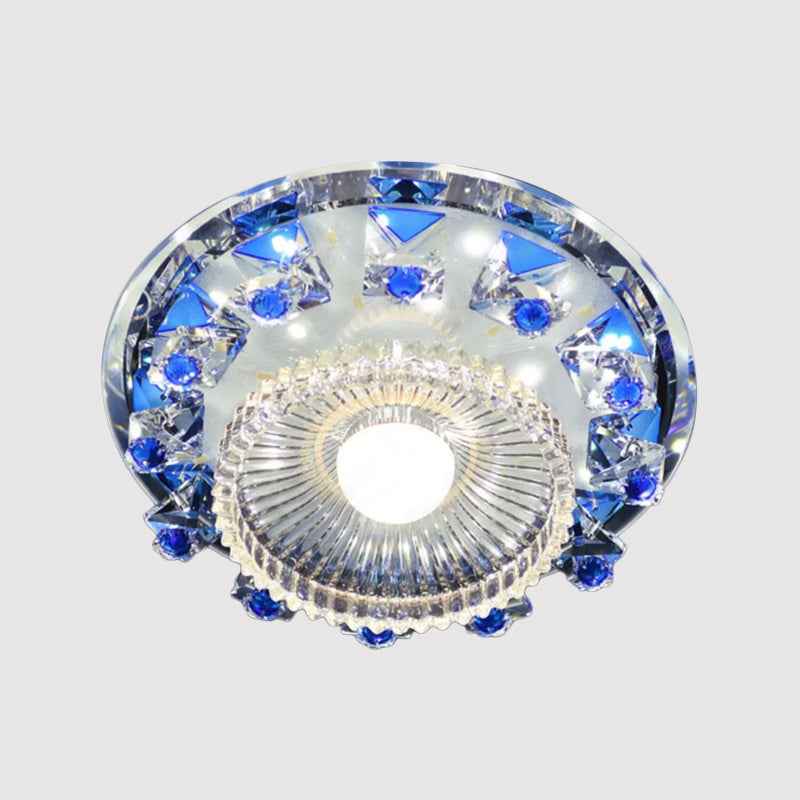 Minimalist LED Ceiling Light in Blue/Purple with Crystal Cubic Flush Mount & Clear Ribbed Glass Shade