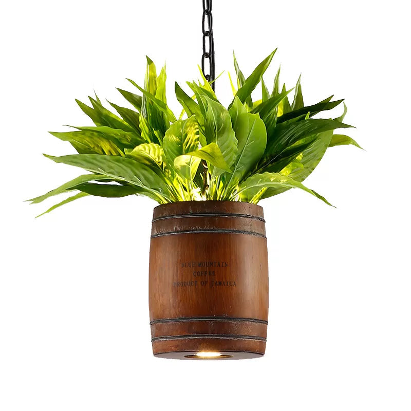 Industrial 1 Head Bucket Wood Pendant Light In Coffee With Plant Deco - Dining Room Ceiling Lamp