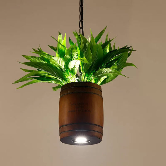 Industrial 1 Head Bucket Wood Pendant Light In Coffee With Plant Deco - Dining Room Ceiling Lamp