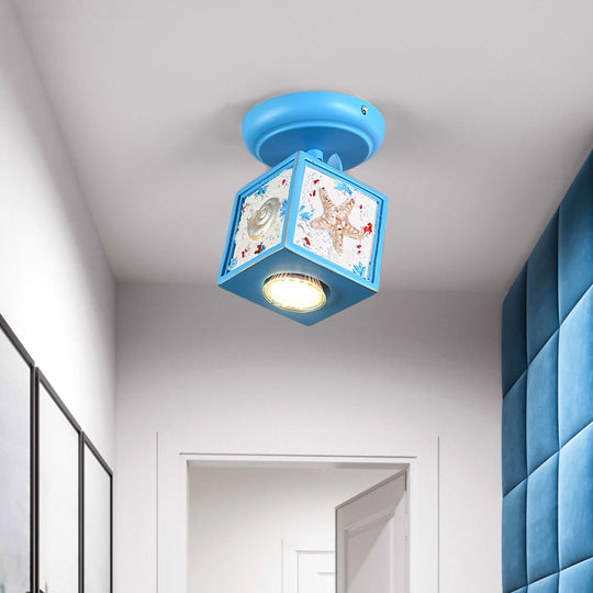 Cartoon Resin 1/2-Head Light/Sky Blue Ceiling Lamp - Cube Semi Mount with Conch Deco