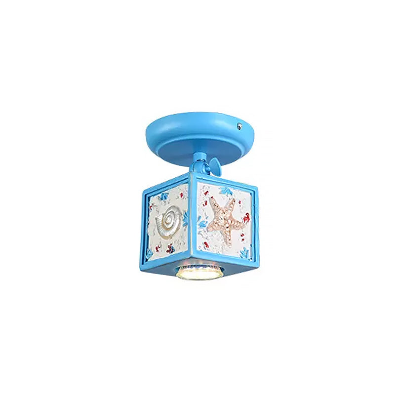 Cartoon Resin 1/2-Head Light/Sky Blue Ceiling Lamp - Cube Semi Mount with Conch Deco