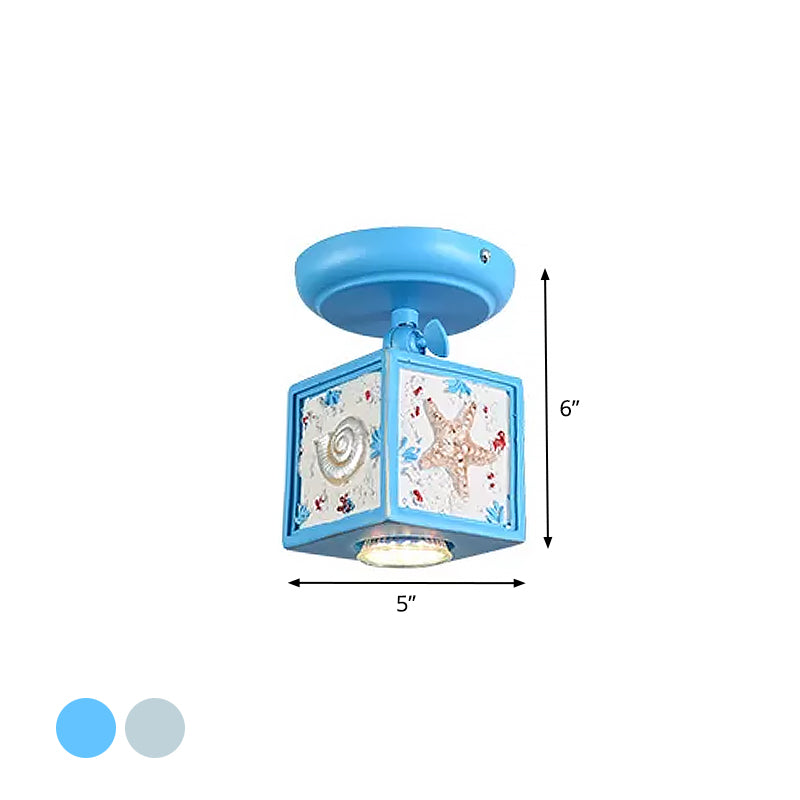 Cartoon Resin 1/2-Head Light/Sky Blue Ceiling Lamp - Cube Semi Mount with Conch Deco