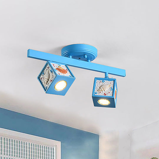 Cartoon Resin 1/2-Head Light/Sky Blue Ceiling Lamp - Cube Semi Mount with Conch Deco