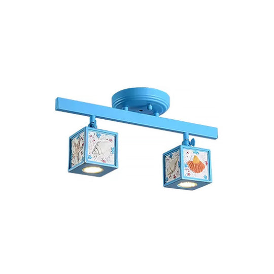 Cartoon Resin 1/2-Head Light/Sky Blue Ceiling Lamp - Cube Semi Mount with Conch Deco