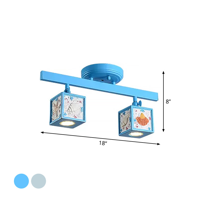 Cartoon Resin 1/2-Head Light/Sky Blue Ceiling Lamp - Cube Semi Mount with Conch Deco