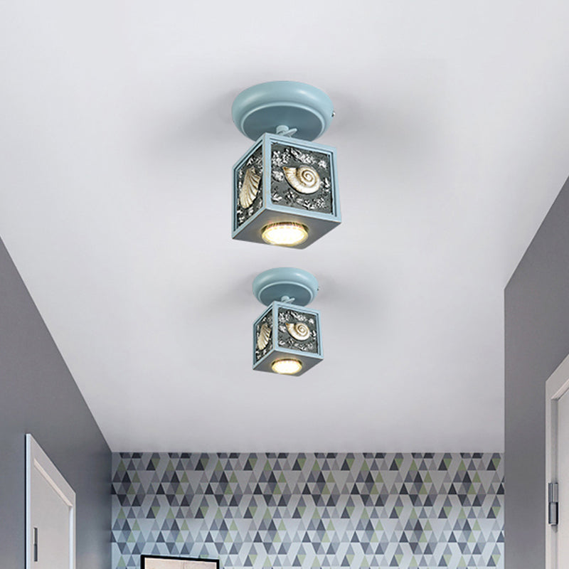 Cartoon Resin 1/2-Head Light/Sky Blue Ceiling Lamp - Cube Semi Mount with Conch Deco