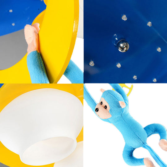 Decorative Metal Moon & Star Ceiling Light For Childs Bedroom With Hanging Monkey