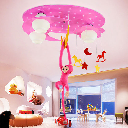 Decorative Metal Moon & Star Ceiling Light For Childs Bedroom With Hanging Monkey Pink