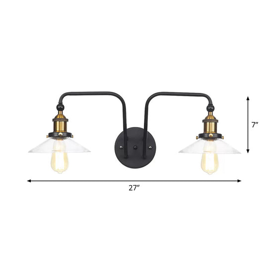 Modern Industrial Conic Sconce - Black Metal Wall Mount Lamp With 2 Bulbs For Indoor Lighting