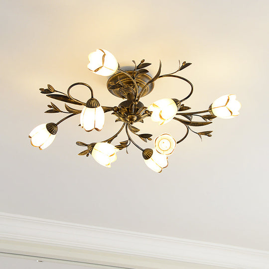 Rural Cream Glass 4/8/12-Light Bedroom Chandelier - Antique Brass Ceiling Mounted 8 /