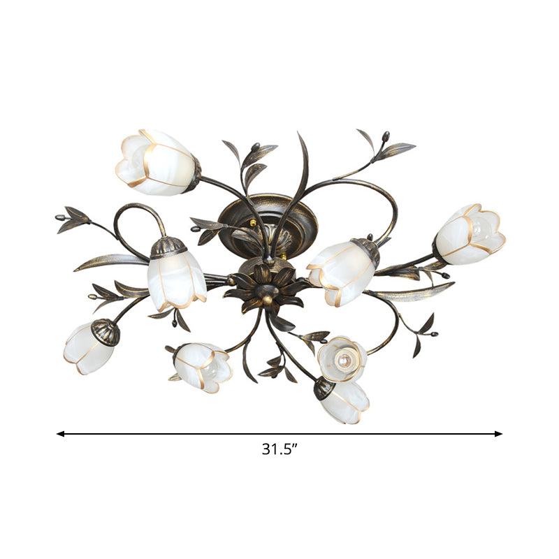 Rural Cream Glass 4/8/12-Light Bedroom Chandelier - Antique Brass Ceiling Mounted