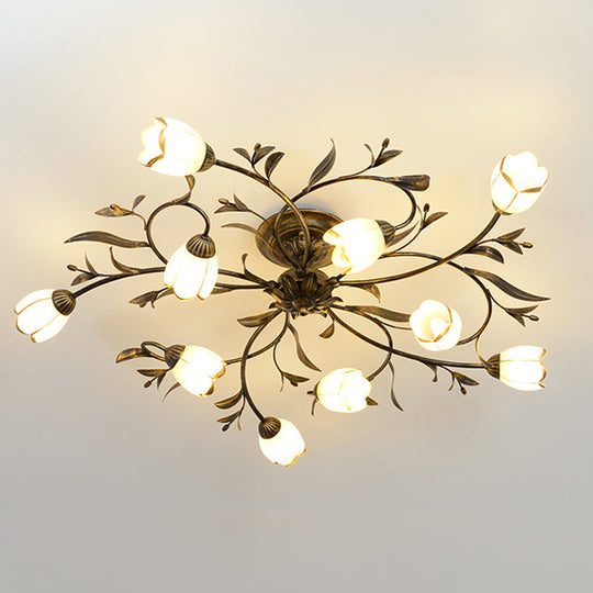 Rural Cream Glass 4/8/12-Light Bedroom Chandelier - Antique Brass Ceiling Mounted