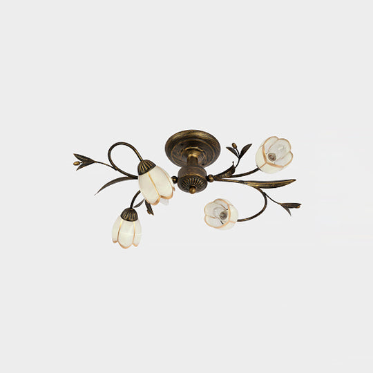 Rural Cream Glass 4/8/12-Light Bedroom Chandelier - Antique Brass Ceiling Mounted