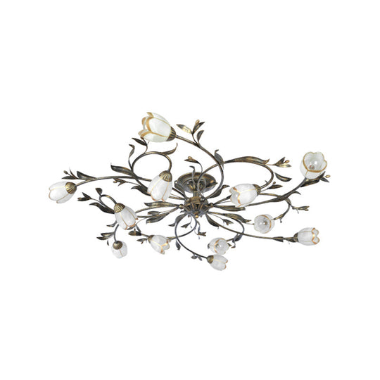 Rural Cream Glass 4/8/12-Light Bedroom Chandelier - Antique Brass Ceiling Mounted 12 /