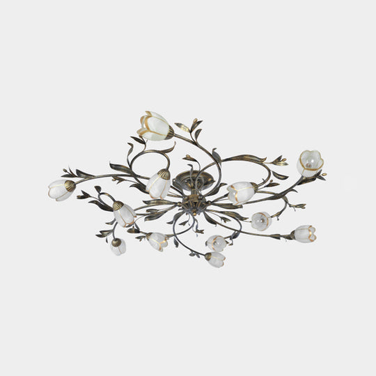 Rural Cream Glass 4/8/12-Light Bedroom Chandelier - Antique Brass Ceiling Mounted