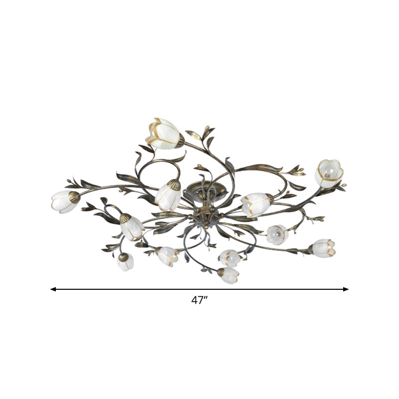 Rural Cream Glass 4/8/12-Light Bedroom Chandelier - Antique Brass Ceiling Mounted