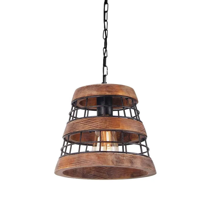 Rustic Metal Tapered Pendant Light - Dark Wood Kitchen Fixture With Wire Guard