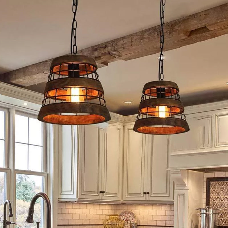 Rustic Metal Tapered Pendant Light - Dark Wood Kitchen Fixture With Wire Guard