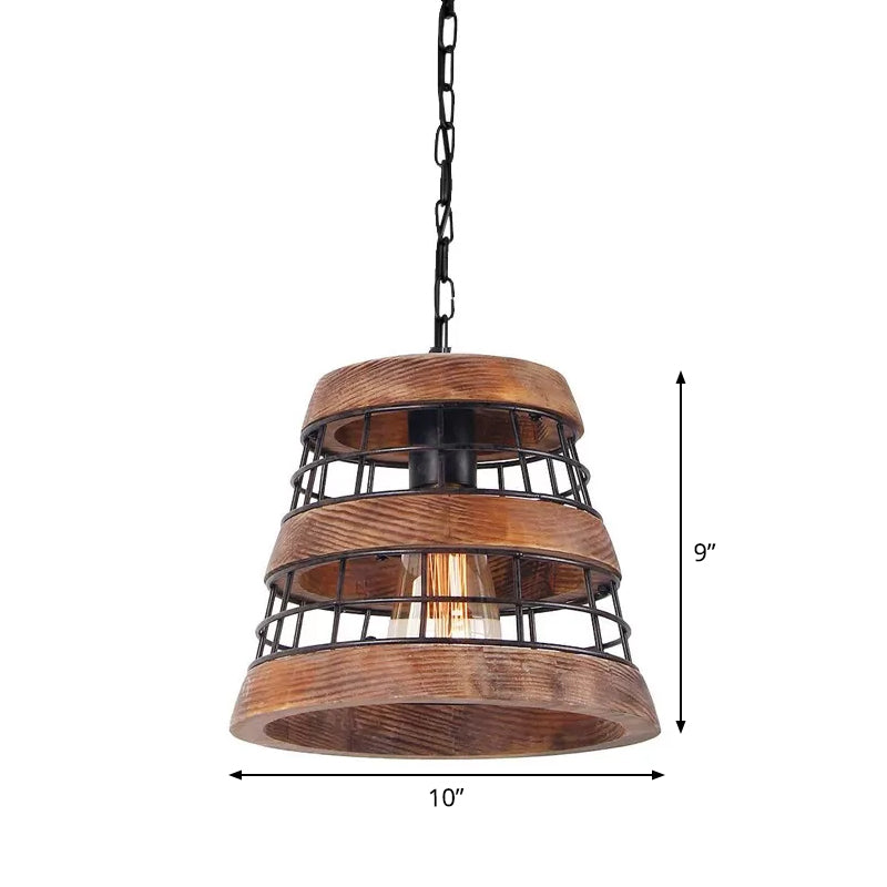 Rustic Metal Tapered Pendant Light - Dark Wood Kitchen Fixture With Wire Guard