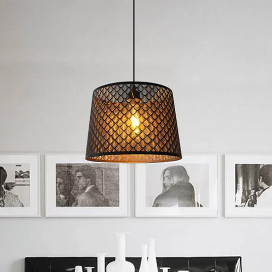 Black Metal Wire Cage Pendant Lamp With Etched Tree Patterned Drum Shade For Dining Room