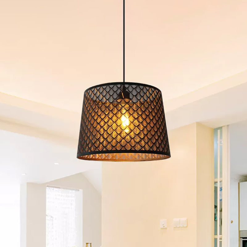 Black Metal Wire Cage Pendant Lamp With Etched Tree Patterned Drum Shade For Dining Room