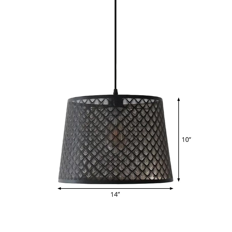 Black Metal Wire Cage Pendant Lamp With Etched Tree Patterned Drum Shade For Dining Room