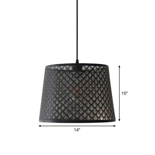 Black Metal Wire Cage Pendant Lamp With Etched Tree Patterned Drum Shade For Dining Room