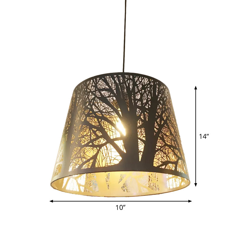 Black Metal Wire Cage Pendant Lamp With Etched Tree Patterned Drum Shade For Dining Room