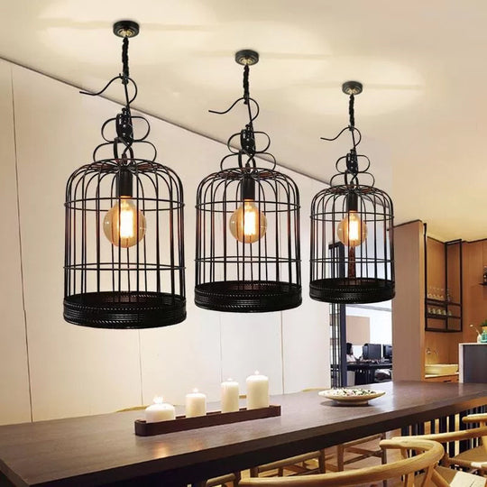 Rustic Metal Birdcage Pendant Light - Black/White 8/10/16 Wide Single Drop Lamp For Dining Room