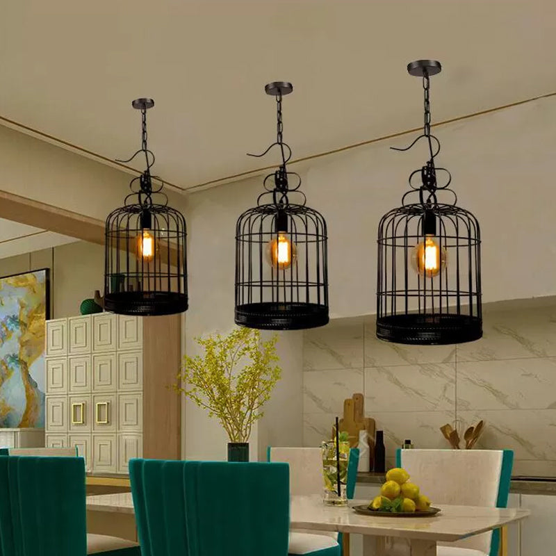 Rustic Metal Birdcage Pendant Light - Black/White 8/10/16 Wide Single Drop Lamp For Dining Room