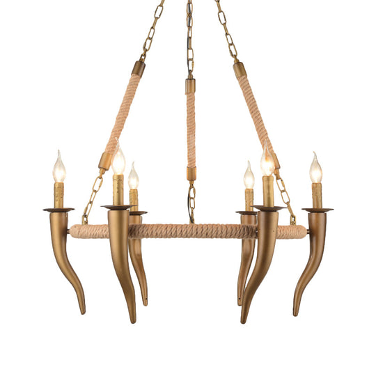 Rustic Wagon Wheel Ceiling Pendant - Khaki Metallic Chandelier Light With Ox Horn 3/6-Light Options