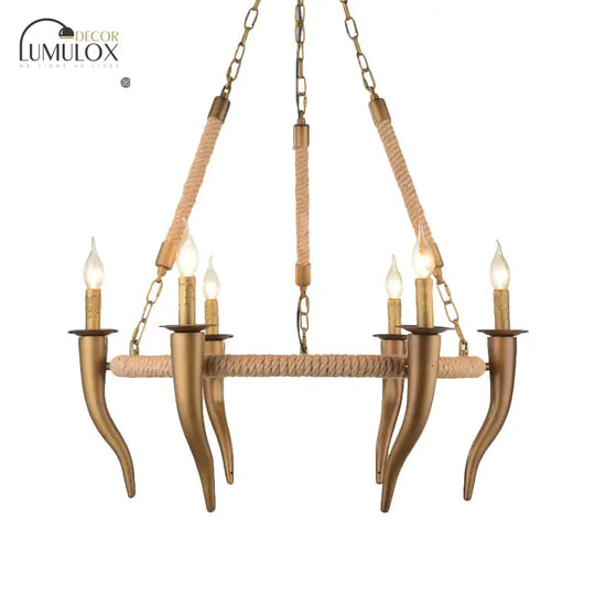 Rustic Wrapped Wagon Wheel Ceiling Pendant 3/6-Light Khaki Metallic Chandelier Light with Ox Horn Element