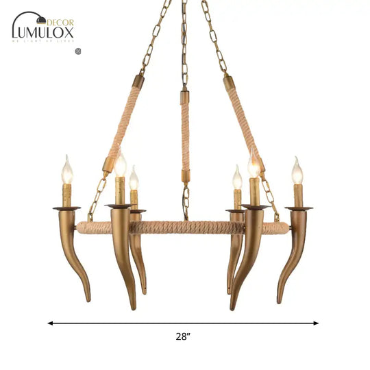 Rustic Wrapped Wagon Wheel Ceiling Pendant 3/6-Light Khaki Metallic Chandelier Light with Ox Horn Element