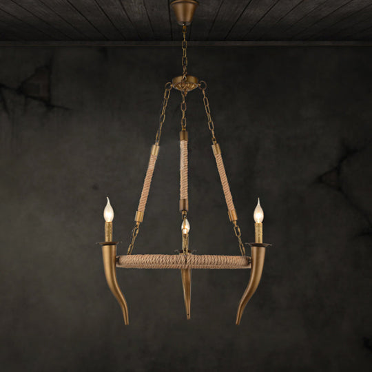 Rustic Wagon Wheel Ceiling Pendant - Khaki Metallic Chandelier Light With Ox Horn 3/6-Light Options