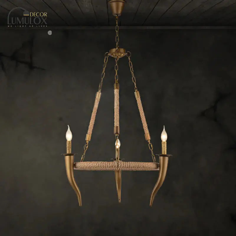 Rustic Wrapped Wagon Wheel Ceiling Pendant 3/6-Light Khaki Metallic Chandelier Light with Ox Horn Element