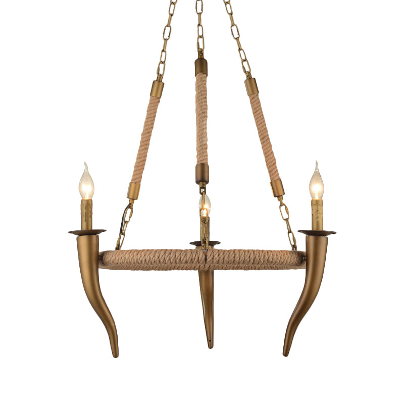 Rustic Wagon Wheel Ceiling Pendant - Khaki Metallic Chandelier Light With Ox Horn 3/6-Light Options