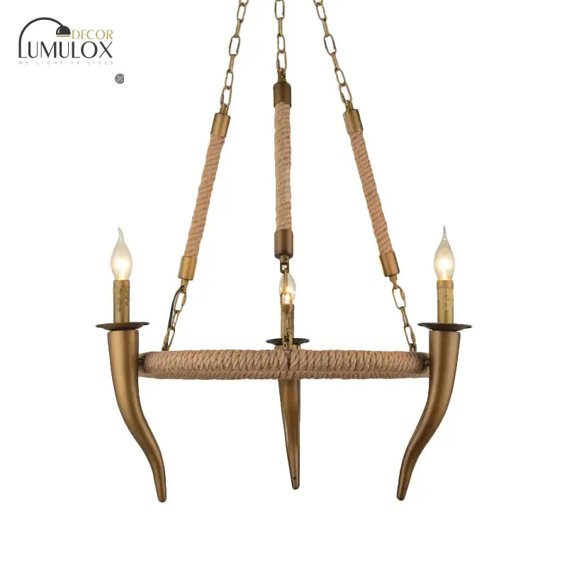 Rustic Wrapped Wagon Wheel Ceiling Pendant 3/6-Light Khaki Metallic Chandelier Light with Ox Horn Element