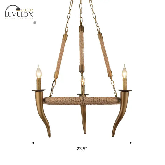 Rustic Wrapped Wagon Wheel Ceiling Pendant 3/6-Light Khaki Metallic Chandelier Light with Ox Horn Element