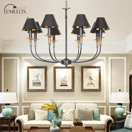 Traditional Cone Shape Chandelier 3/4/6-Head Fabric Hanging Pendant in Black/Chrome with Swooping Arm