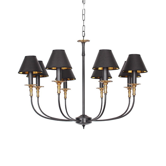 Classic Cone Shape Chandelier - Fabric Pendant In Black/Chrome With Swooping Arm 3/4/6 Head Options