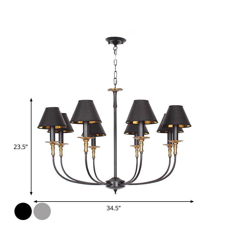 Classic Cone Shape Chandelier - Fabric Pendant In Black/Chrome With Swooping Arm 3/4/6 Head Options