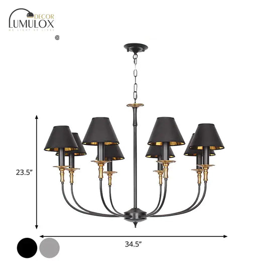 Traditional Cone Shape Chandelier 3/4/6-Head Fabric Hanging Pendant in Black/Chrome with Swooping Arm