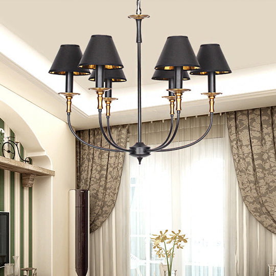 Classic Cone Shape Chandelier - Fabric Pendant In Black/Chrome With Swooping Arm 3/4/6 Head Options