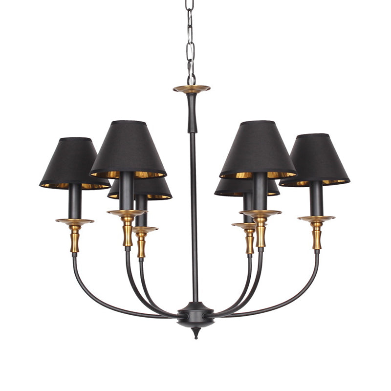 Classic Cone Shape Chandelier - Fabric Pendant In Black/Chrome With Swooping Arm 3/4/6 Head Options