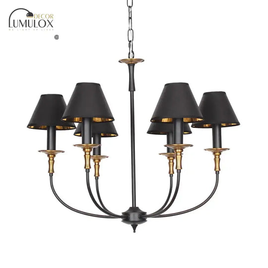 Traditional Cone Shape Chandelier 3/4/6-Head Fabric Hanging Pendant in Black/Chrome with Swooping Arm