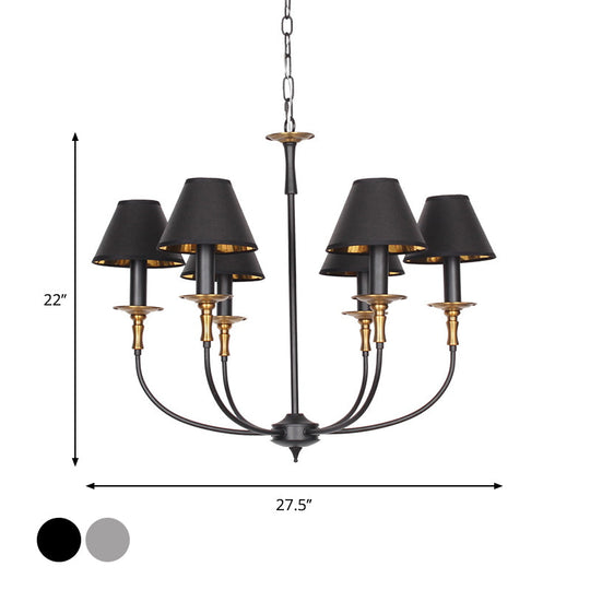 Classic Cone Shape Chandelier - Fabric Pendant In Black/Chrome With Swooping Arm 3/4/6 Head Options