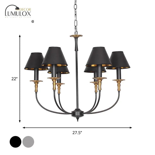 Traditional Cone Shape Chandelier 3/4/6-Head Fabric Hanging Pendant in Black/Chrome with Swooping Arm