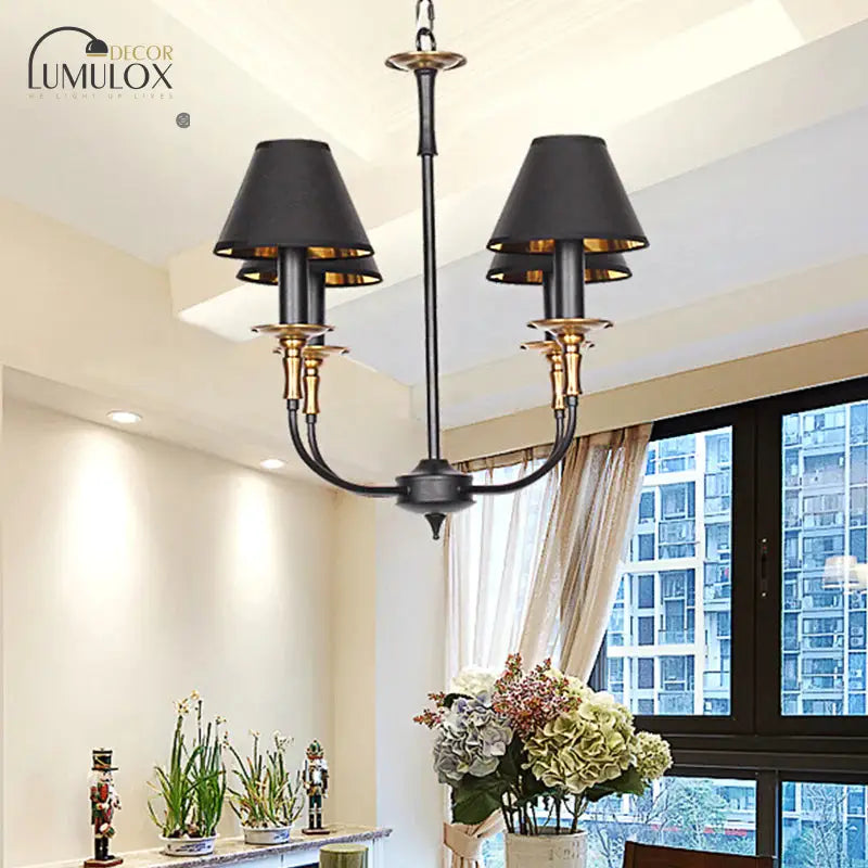 Traditional Cone Shape Chandelier 3/4/6-Head Fabric Hanging Pendant in Black/Chrome with Swooping Arm